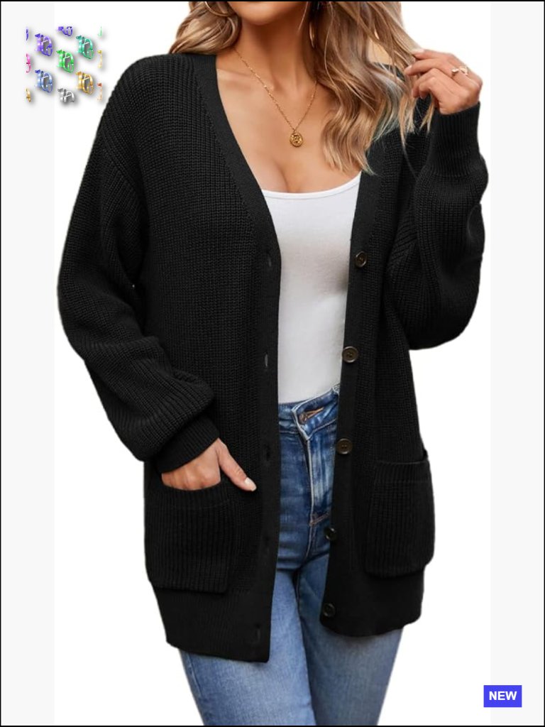 Oversized 100% Cotton Cardigan Sweater Button-Front V-Neck With Pockets Cozy